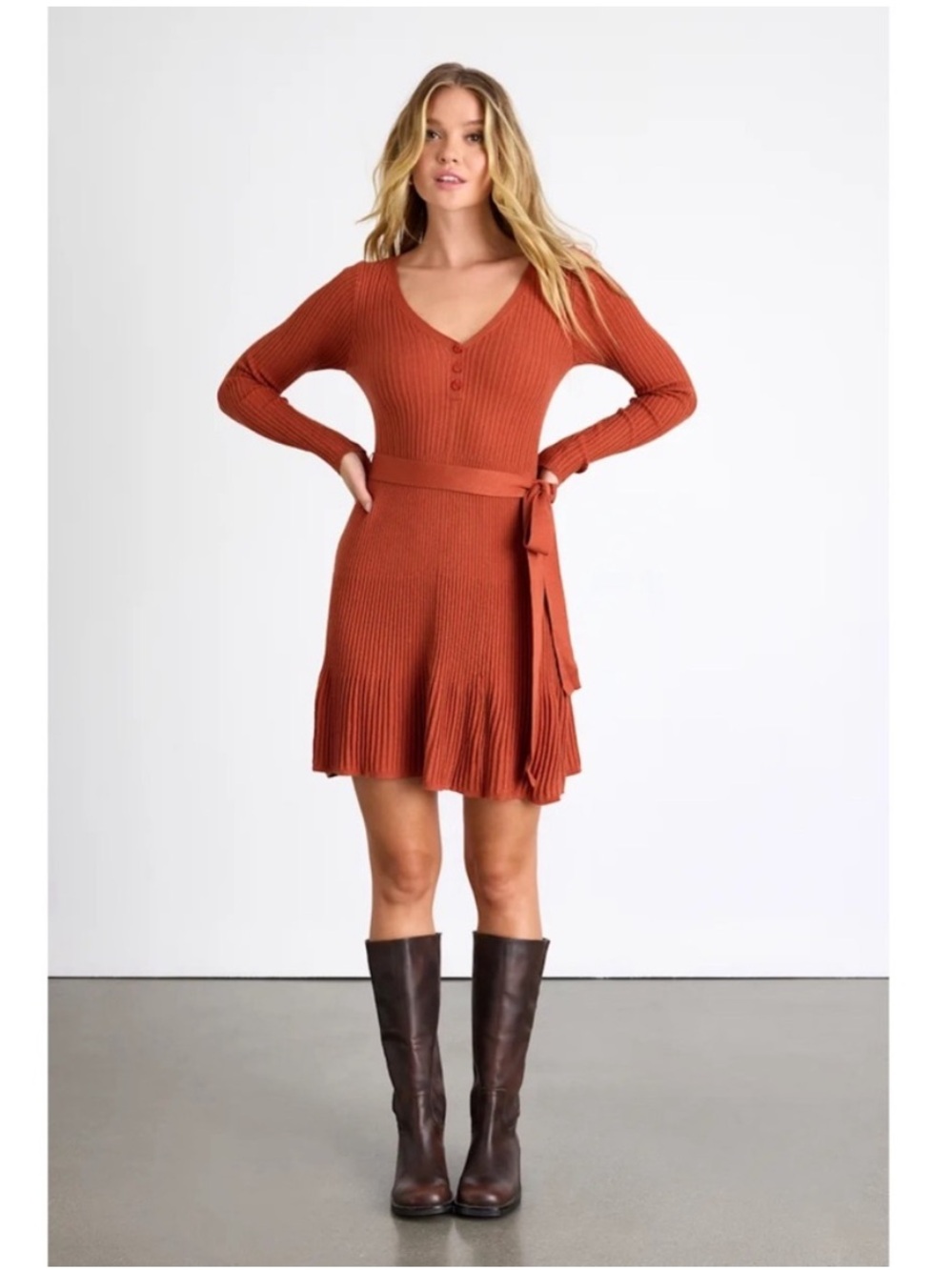 NWT! Lulus - Cozy Poise Rust Orange Henley Long Sleeve Mini Sweater Dress - XL